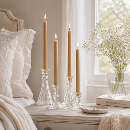 Warm Beige Taper Candles Set of 4, 10 Inch Handmade Candle Stick, Unscented Candlesticks, Tapered Candles for Wedding Dinner Table Home Decor Meditation Gift