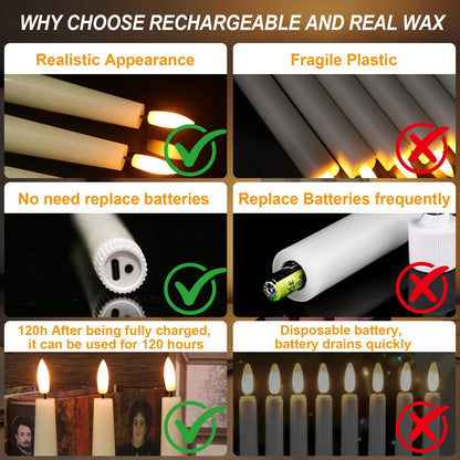 GenSwin Rechargeable Flameless Taper Candles, 3 Pack Ivory LED Taper Candles Battery Operated with Remote Timer, Real Wax Flameless Candlesticks for Christmas Holiday Home Decor