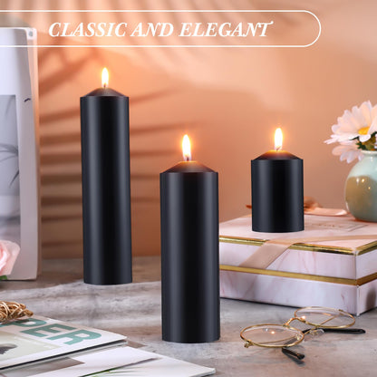 MTLEE 18 Pcs Set of 3 Pillar Candles Bulk 2 in x 3, 6, 8 Long Burning Clean Unscented Smokeless Pillar Candles for Wedding Emergency Lanterns Ceremony Party(Black)