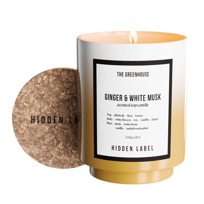 HIDDEN LABEL Ginger White Musk Scented Candle, 12oz Natural Soy Wax Cotton Wick, 75 Hour Long Lasting Burn, Aromatherapy for Home Stress Relief, Meditation, Yoga, Non-Toxic Relaxation Gift for Women
