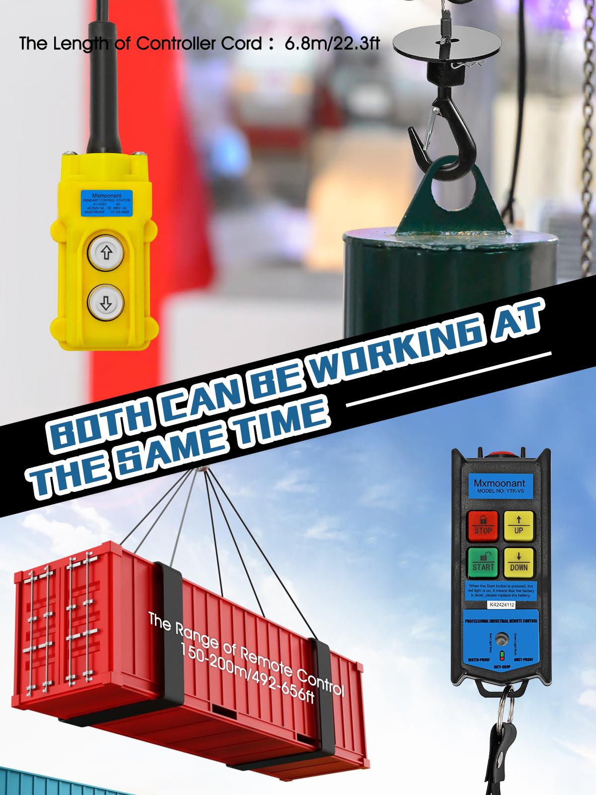 Mxmoonant 1100lb Electric Hoist Lift 12m/min Electric Winch Portable 360° Safety Limit, Al-Alloy Cased Hoist Crane with Updated Copper Motor, Pendant Control & Wireless Control Support (500kg/30m)