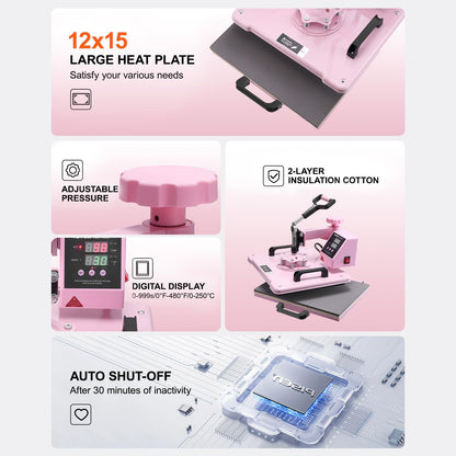 VEVOR Heat Press Machine 5 in 1 Combo with 30 OZ Tumbler Press & Hat Press, Slide Out 12x15 Inch Heat Press Sublimation Machine for T-Shirts, Hats Caps Tumblers Glass Cans Mugs, and Plates (Pink)