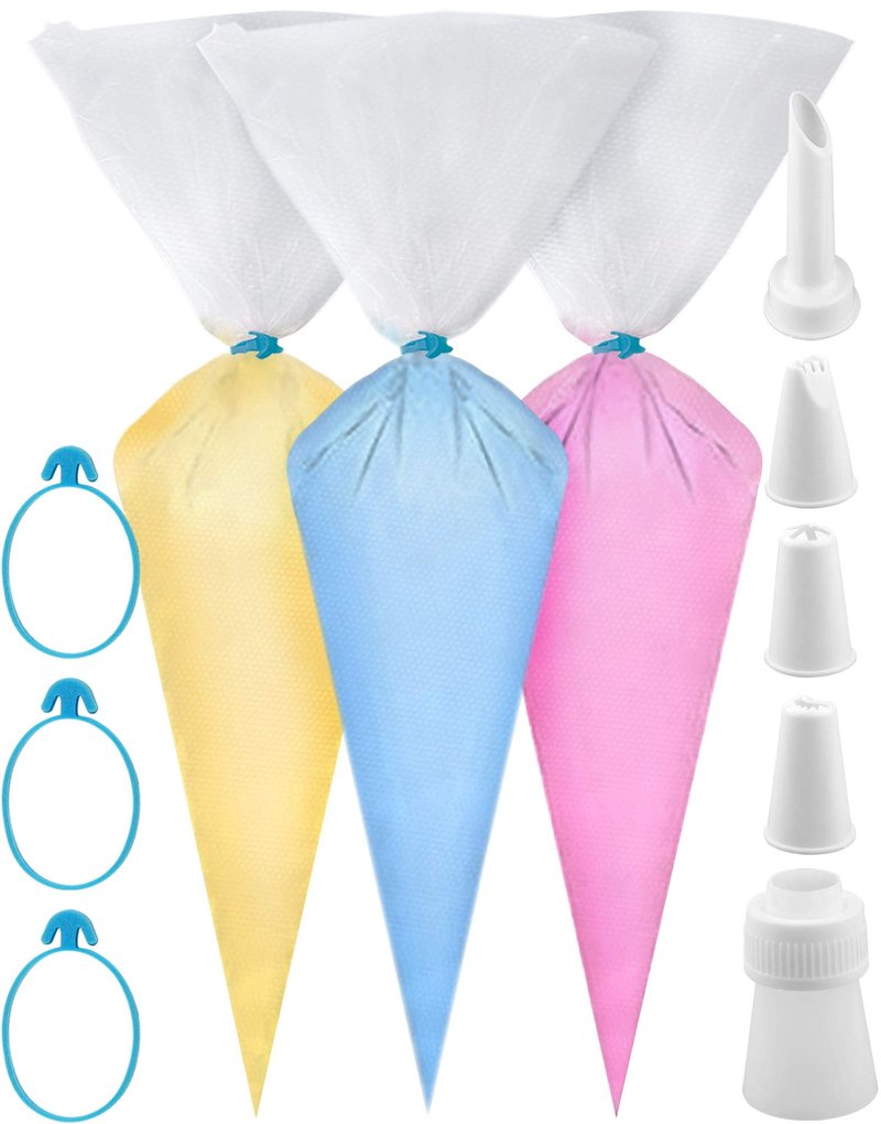 Weetiee Pastry Bag - 100 Pieces 16 Inch [Extra Thick] Disposable Piping Bags Set with 8 decorating tips, 1 coupler and 3 Bag Ties for Cake Decorating Royal Frosting