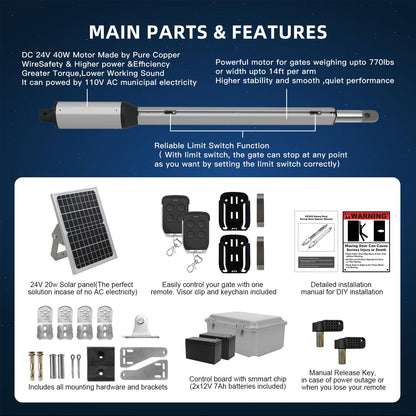 X X-HOUSE C05 Automatic Gate Opener with Solar Panel & Batteries for Light to Medium Duty Dual Swing Gates Up to 770lb per Arm Electric Gate Opener with 2 Remotes Complete Kit Solar Powered