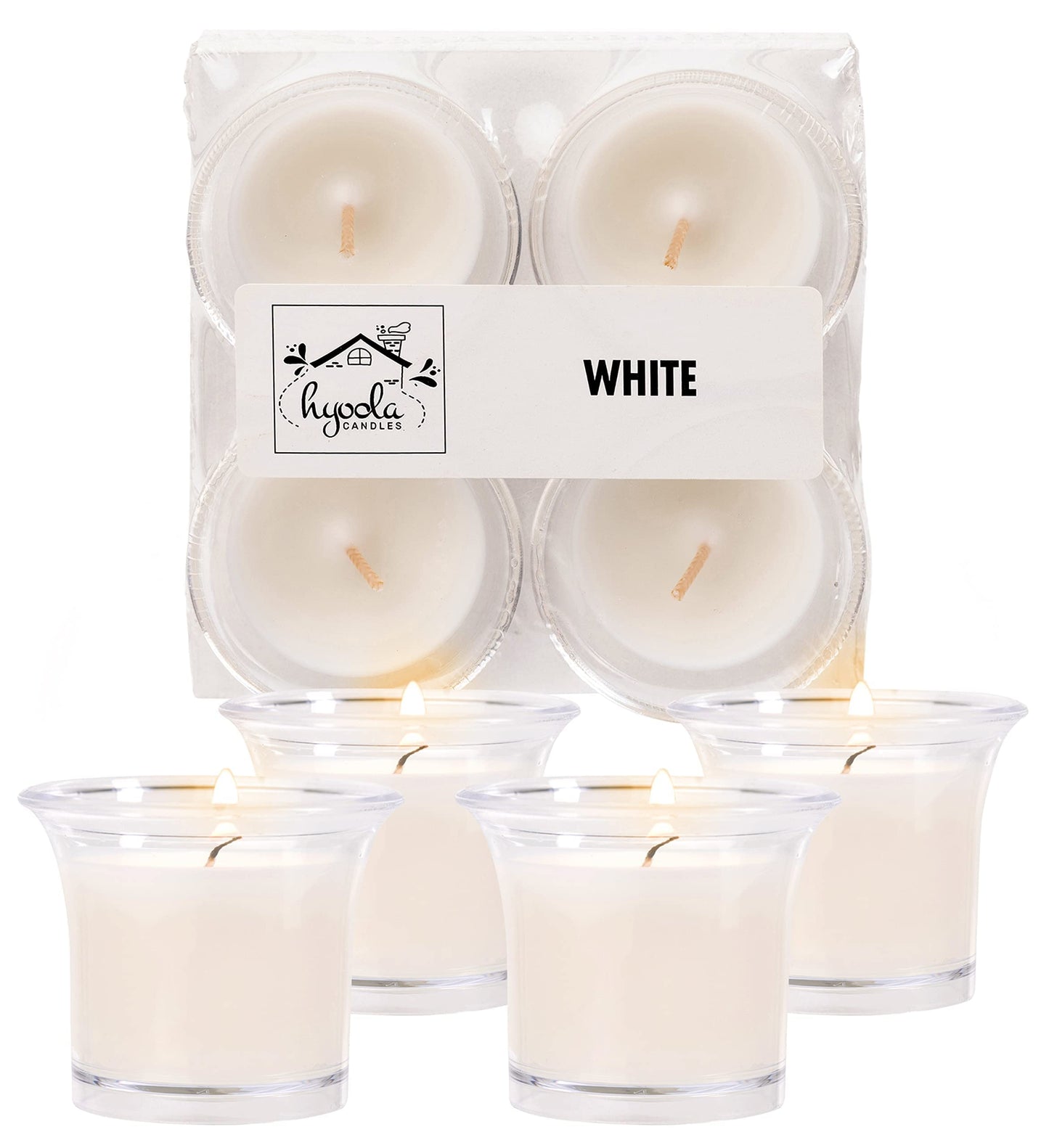 HYOOLA Clear Cup Scented Votive Candles - White - 12 Hour Burn Time - 4 Pack - European Made