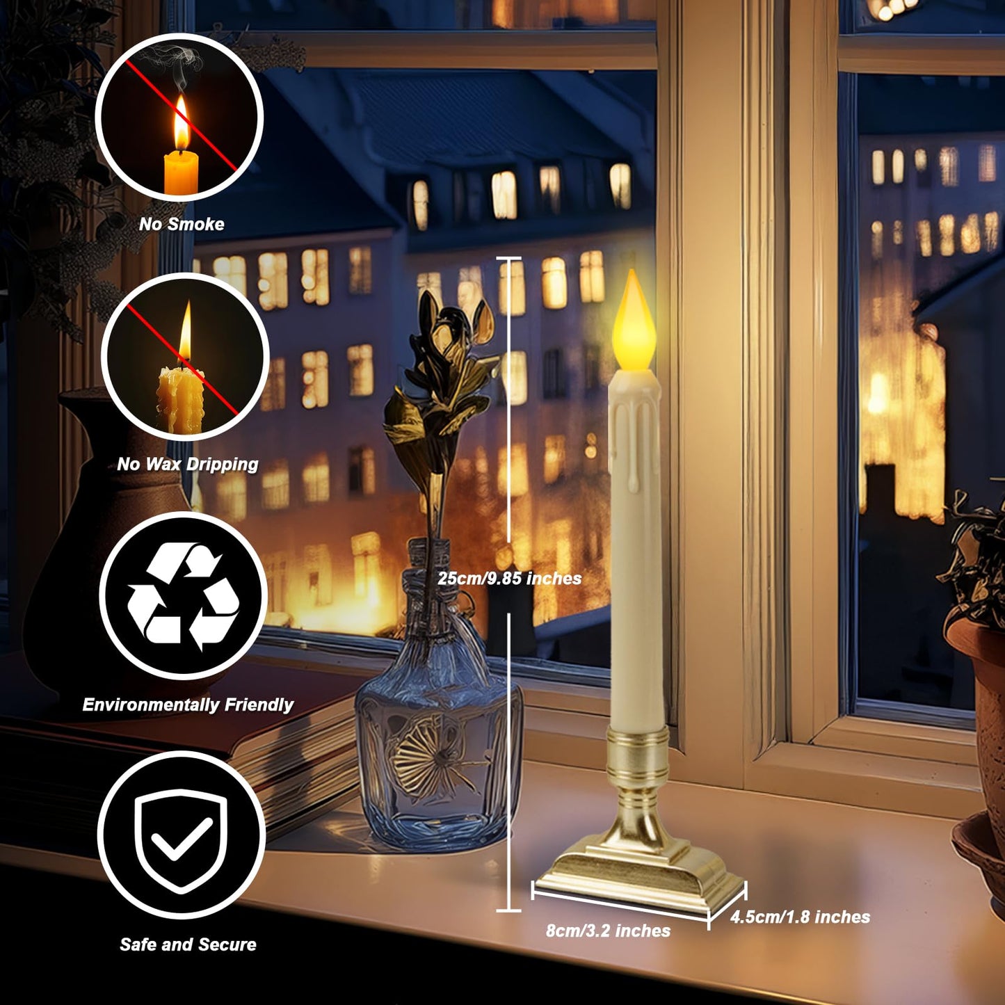 Meigic 6 Pcs Sensor Dawn to Dusk Window Candles, Flickering Battery Candles for Windows, Ultra Bright Fake Candle Lights with Gold Holders, Led Candlesticks for Xmas Home Decor, Warm Yellow Light