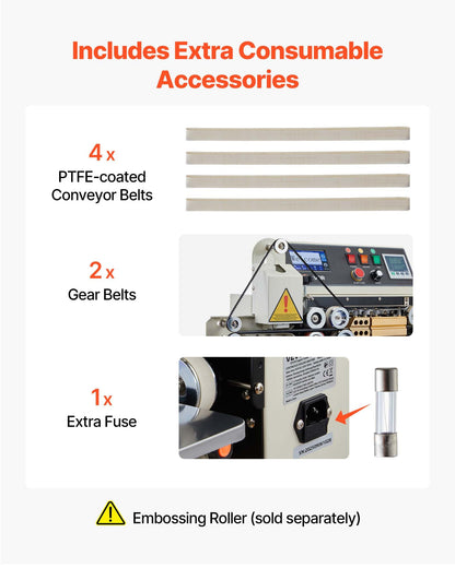 VEVOR Continuous Bag Band Sealing Machine, 0.24-0.47 in Seal Width, Horizontal Band Sealer Machine with Ink Printing, Temp & Speed Adjustable, Heat Sealing Machine for 0.001-0.03 in Plastic Bags
