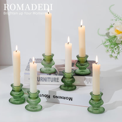 Romadedi Glass Candle Holders for Candlestick - 2 Pcs Green Ribbed Tapered Candle Holder Decor for Table Centerpiece Christmas Party Living Room Dinner Advent