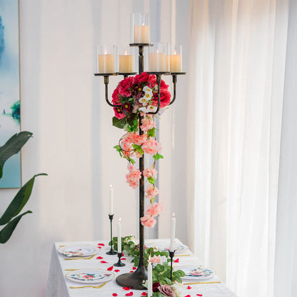 Sziqiqi 48inch Tall Candlestick Holders Floor Candelabra Black 5 Arms Candle Holders for Pillar Candles Flower Centerpiece Gothic Candles Holder for Funeral Ceremony Halloween Decor 2pcs