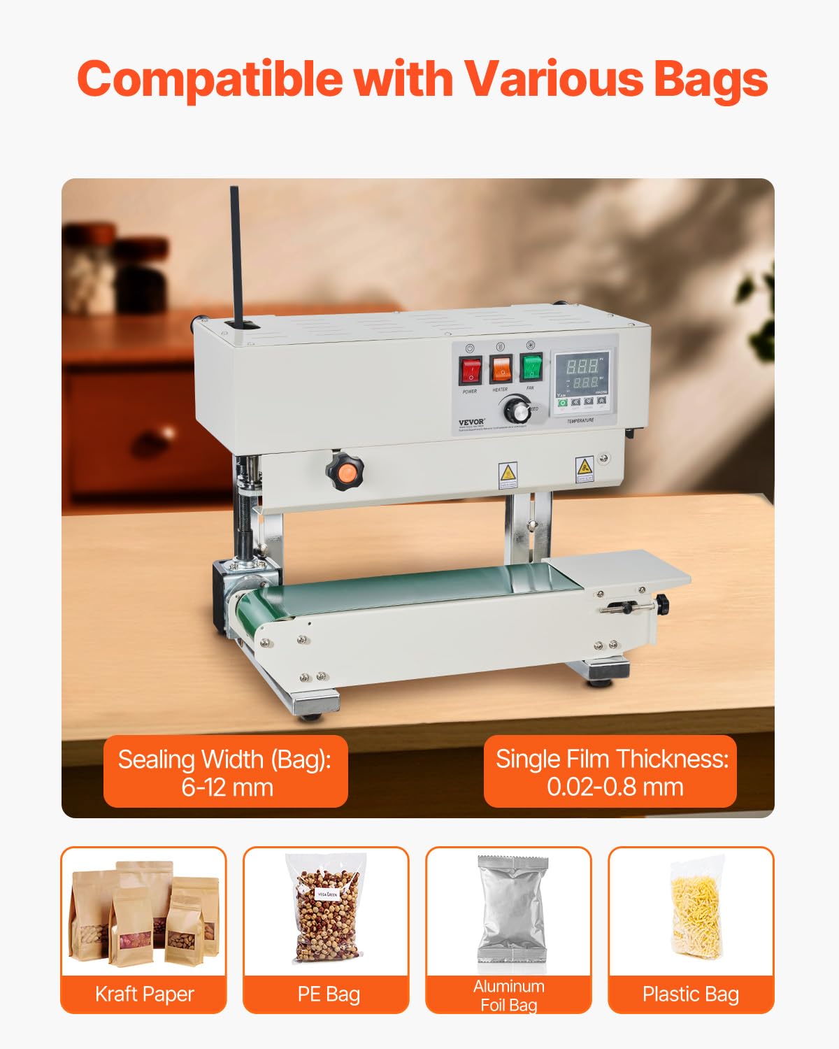 VEVOR Continuous Bag Band Sealing Machine, 0.24-0.47 in/6-12 mm Seal Width, Band Sealer Machine with Digital Temperature Control, Carbon Steel Bag Sealer for 0.02-0.8 mm Plastic Bags Films