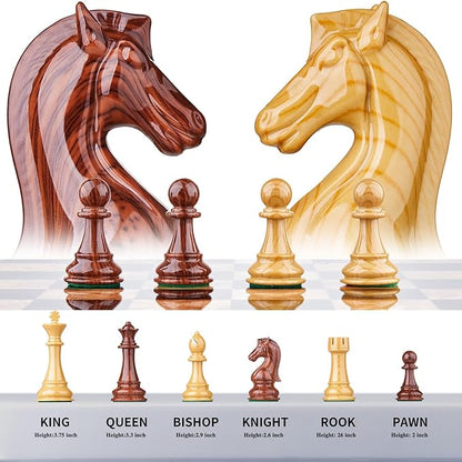 AMEROUS 17 inches Wooden Chess Set with High Polymer Weighted Chess Pieces / 2 Built-in Storage Drawers / 2 Extra Queens / 3.75'' King Classic Board Game