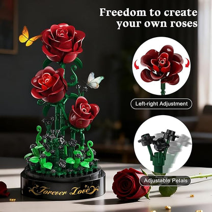 Flower Building Set with LED Light - 241 PCS Burgundy Red Rose Building Blocks Kit with Cover Easter Day Gift for Her Grilfriend Wife 3.6MM Mini Botanical Collection Block Toy Home Decor