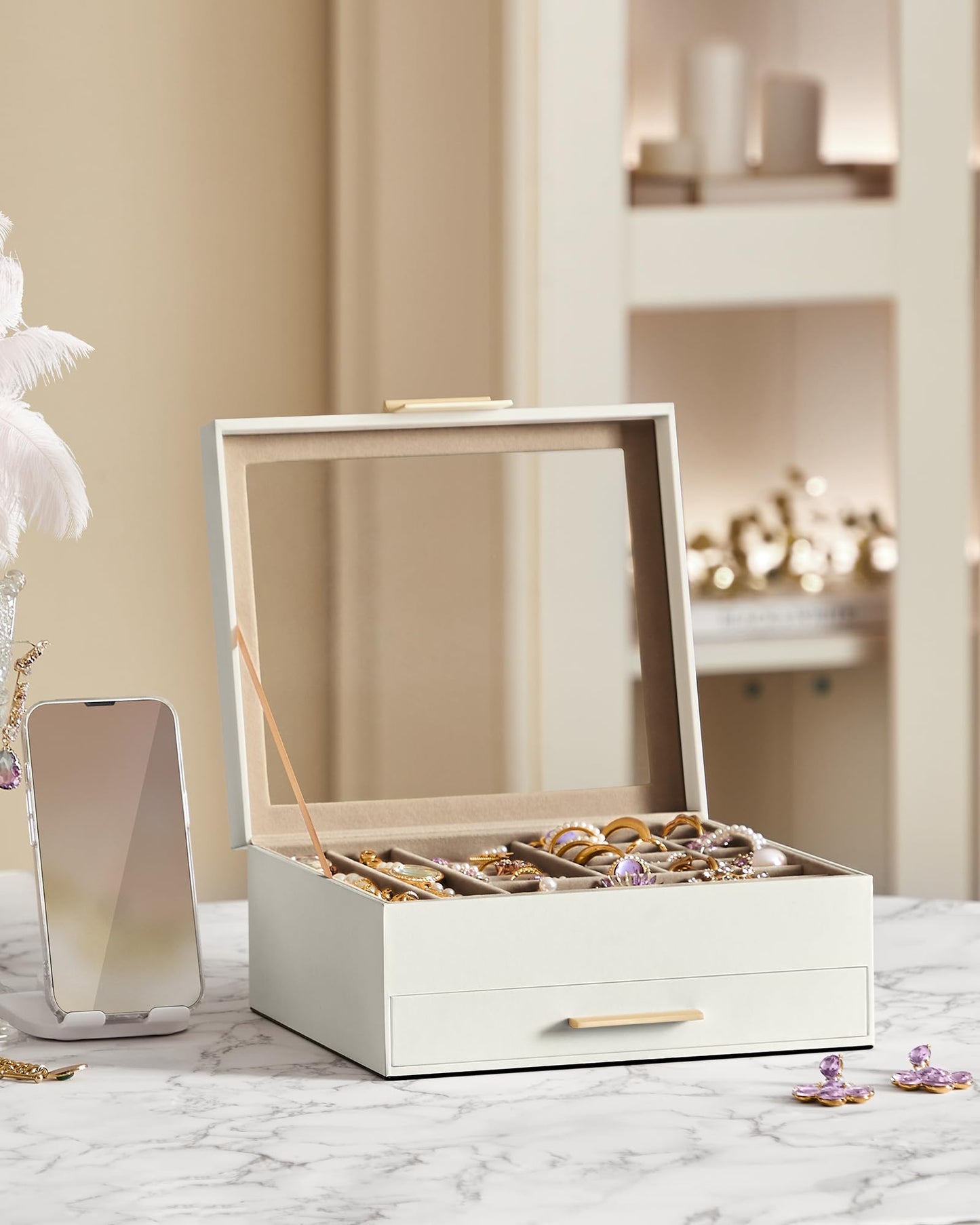 SONGMICS Jewelry Box Organizer with Glass Lid, 2-Layer Jewelry Storage, with 1 Drawer, Modern Style, 8 x 9.1 x 4.1 Inches, Cloud White and Gold Color UJBC174W01