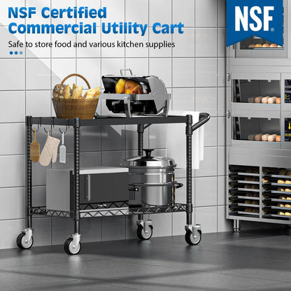 Leteuke 2 Tier Utility Tool Cart with Wheels, Heavy Duty Rolling Utility Carts with Handle, Commercial Grade Metal Serving Storage Cart for Warehouse Garage Kitchen, 25" D x 38.98" W x 40" H-Black