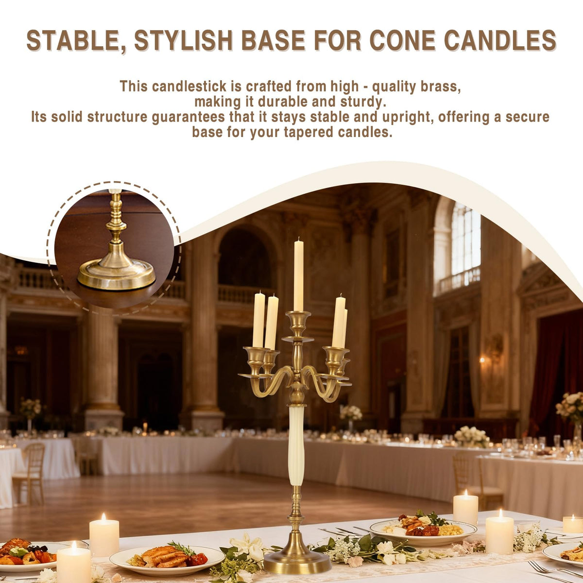 5 Arms Brass Plated Metal Candelabra Candle Stand Candlestick Holder for Wedding Dining Table Christmas Party and Indoor Home Decoration