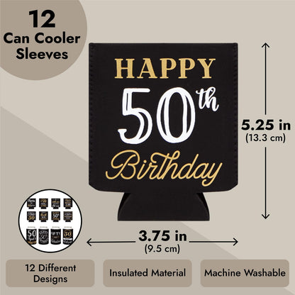 Sparkle and Bash 50th Birthday Can Cooler Sleeves - Medium, Black & Gold, 12-Pack - Insulated Neoprene Holder for 12 Oz Cans, 50th Birthday Party Favors & Decorations
