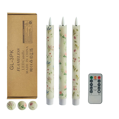 Gedengni Floral Candles Remote Candlesticks-10inches Timer Flickering Battery Operated Candle Chinoiserie LED Taper Candles Lights for Home Wedding Tea Party Windows Decor,3PCS-RFL