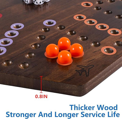 Large Size 20 inches Wood Wahoo Marble Board Game 2 Sided Game 4-6 Player for Friends and Family Party Classic Wahoo Style Strategy Racing Game with 6 Dices30 Marbles (Rustic Brown)