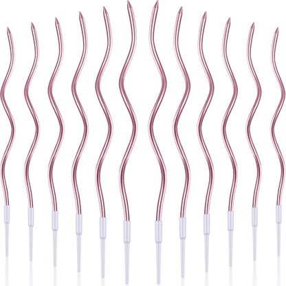 BBTO 12 Pcs Twisted Birthday Candles Spiral Metallic Cupcake Thin Long Cake Candles with Holders for Birthday Wedding Party(Rose Gold)