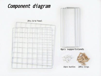 JAJAGOU Foldable Desktop Photo Display Rack & Grid Display Board with 20 Wooden Clips – Photo, Accessory & Handcraft Display Organizer for Home Office White