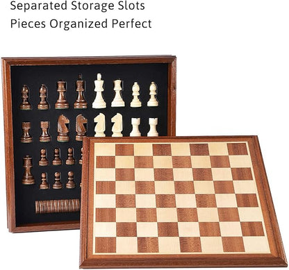 VAMSLOVE Chess and Checkers Board Game Sets for Adults Wooden Deluxe 15 inch Wood Board Box with Storage Classic 2 in 1 Large Size with Chess Pieces - 3” King Height - 2 Extra Queens