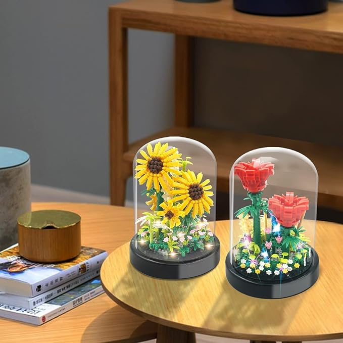 2 Flowers Bouquet Sunflowers - Rose Building Kit Creative Bonsai Tree Succulents Plant Blocks with LED Light Botanical Collection Home Office Decor Ideal Gift for Lover Adult