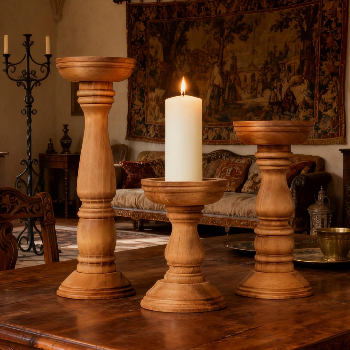 3 Pcs Pillar Candle Holders Set, Rustic Wood Candle Holders with Walnut Finish, Varying Heights, Wooden Pillar Candle Holders for Fireplace, Table Centerpieces, Home Decor