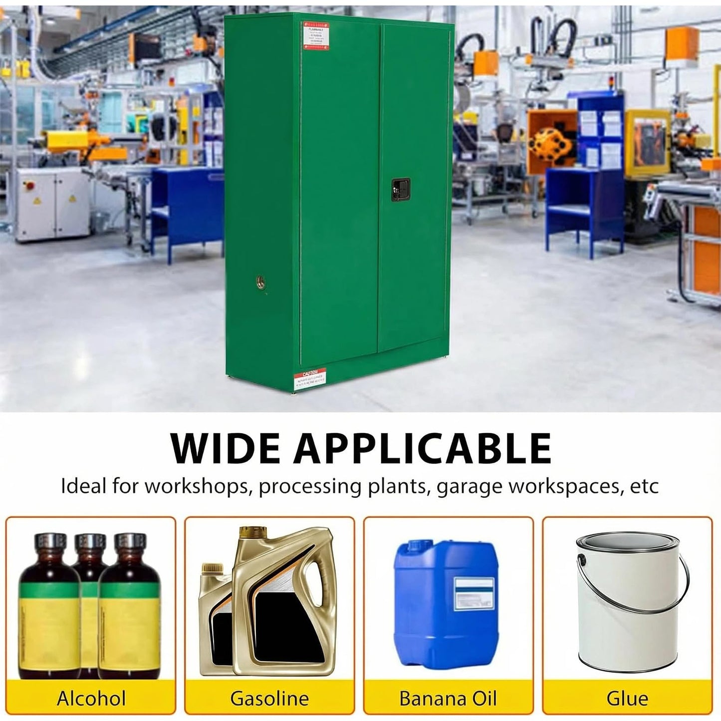 45 Gallon Flammable Safety Cabinet, Industrial Yellow Steel Storage for Flammable Liquids, 2 Adjustable Shelves, Double-Wall Fireproof Cabinet with Manual Close Doors & Vents - Green