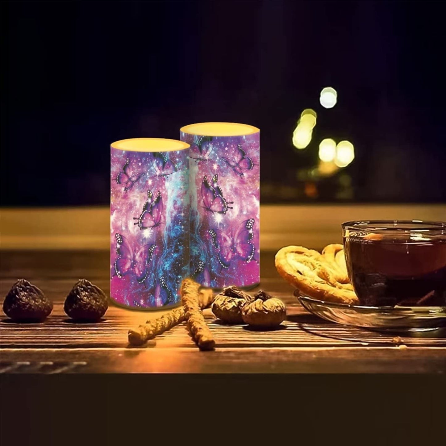 Cozeyat Puple Butterflies Design LED Candles 2 Pieces,Flameless Votive Tealights,Long Lasting Electric Candles 4/8H Timer,Flickering Tea Lights Battetry Operated for Home Parties Wedding