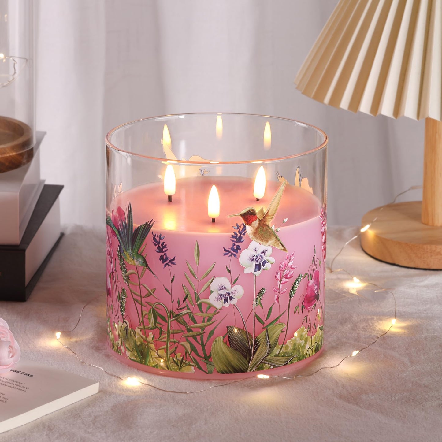 Girimax 3 Wick Pink Hummingbird Glass Flameless Candle with Remote, Large 6x6 inch LED Pillar Candle Battery Operated Flickering Spring Home Decor Gift
