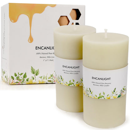 3x6 Inch Ivory Natural Bee Waxs Candle 2Pack,95-100 Hous Long Burning,Pure Pillar Candles,Unscented Smokeless and Dripless for Home Decor Party Wedding