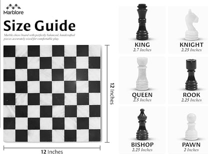 Marble Chess Set Game 12 Black &amp White Chess Board with 32 Chess Pieces &amp 2 Extra Queens Beginner Board Game Chess Set for Valentine’s Day Game Nights