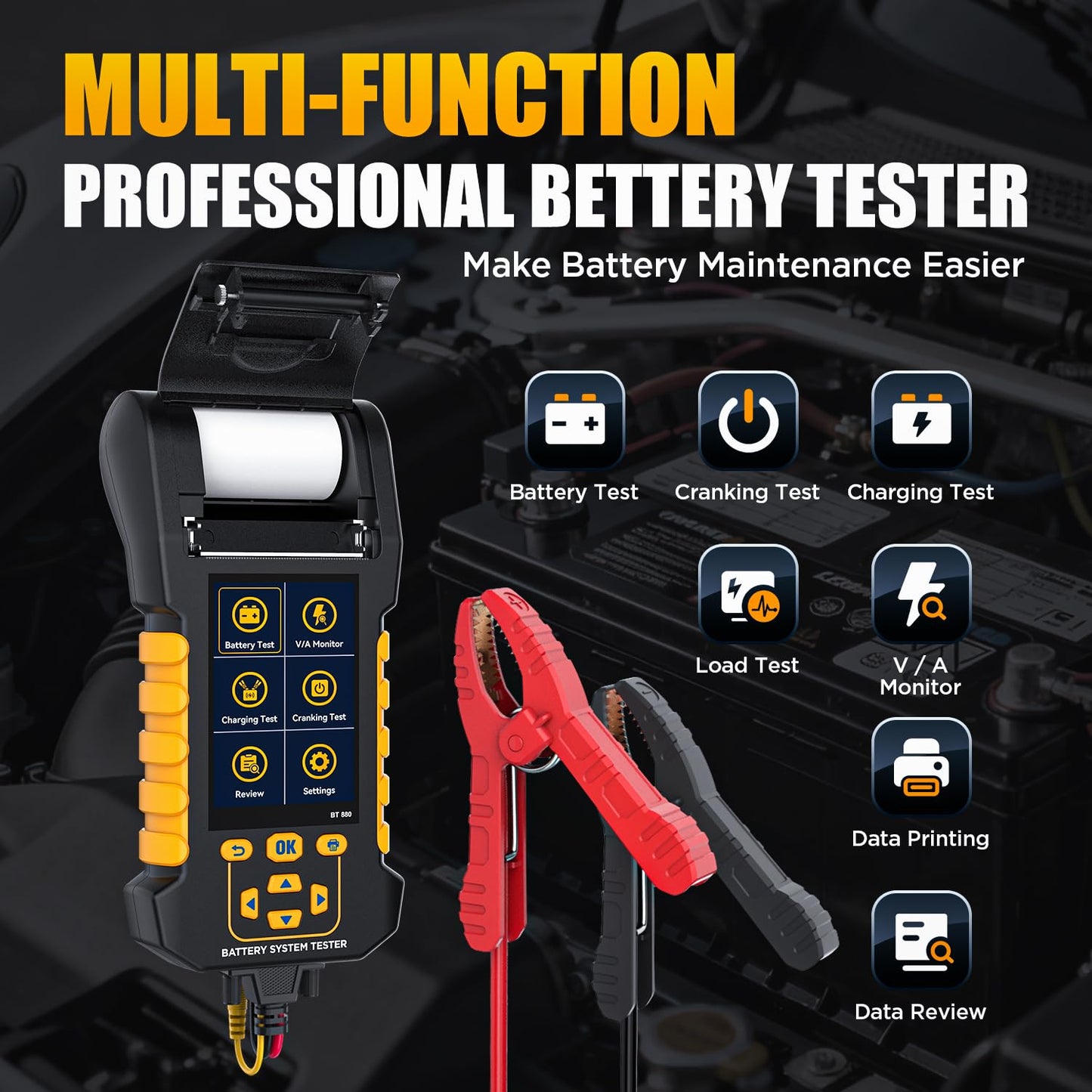 LINXINO BT880 Car Battery Tester,12V/24V Battery Load Tester with Built-in Thermal Printer, 20-2000 CCA Testing,Cranking/Charging Test,Voltage/Current Monitor,Data Logging & Safety Protections