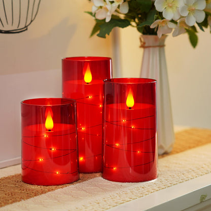 Amagic Red Flameless Candles 3 Set, Flickering Battery Operated Candles Embedded Fairy String Light, Realistic Pillar Candle with Remote Control and Timer, Acrylic, D3 x H4 5" 6"