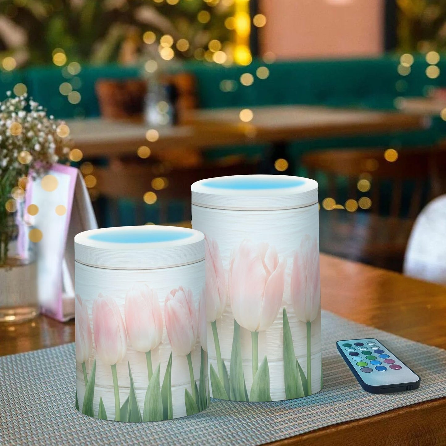 Lights Flameless Candles Spring Pink Tulip Flower Pillar Candles Set of 2 Battery Operated Remote Control Warm Lights Home Decor