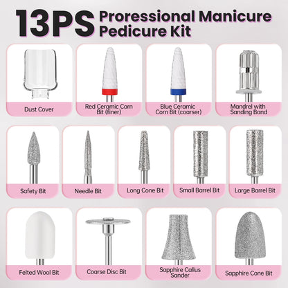 Electric Nail Drill, Cordless 2000 mAh Rechargeable Portable Nail File 12 in 1 Kit for Thick Toenails, 10 Speeds Nail Dril Machine Professional Manicure Pedicure for Hand Natural Nails Care (White)
