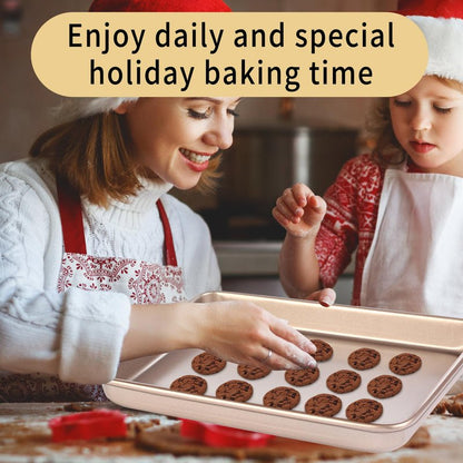 Barlket Small Cookie Sheet Pan 9x11 Inch, Nonstick Baking Tray 2-Pack, 0.8mm Thick Heavy Duty Carbon Steel, Gold – Oven Safe, Easy Clean, Bakeware Sets for Cookies, Roasting