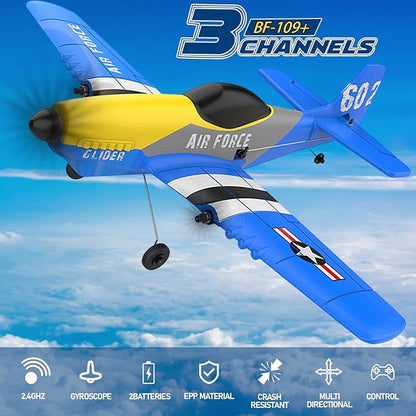 RC Plane 3 Channel RC Airplane 2.4GHz with 2 Batteries 6-axis Gyro Stabilizer Easy to Fly for Beginners Adults and Kids (P-51D)