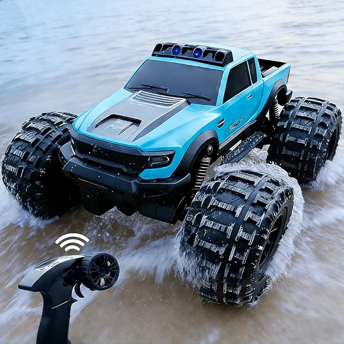 8816 1:12 Amphibious Remote Control Car with Full Proportional Steering-Fully Waterproof All Terrain RC Monster Truck for Kids 6-12+ 7.4V 4WD 2.4Ghz 60+ Min Dual Battery Blue