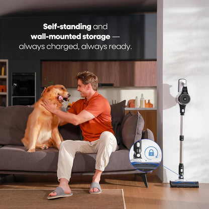 YONNDER Cordless Vacuum Cleaner, 550W 50KPA 70Mins Powerful Vacuum Cleaners for Home, with Anti-Tangle, LED Display Screen, Self-Standing Stick Vacuum for Hardwood Floors/Pet Hair/Carpet, M1, Silver