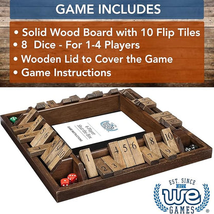WE Games Shut The Box Board Game - Classic 4 Player Wooden Table Top Dice Game for Family Game Night Walnut Stained Wood 14 in. 10 Numbers Classroom Play or Bar Fun for Adults