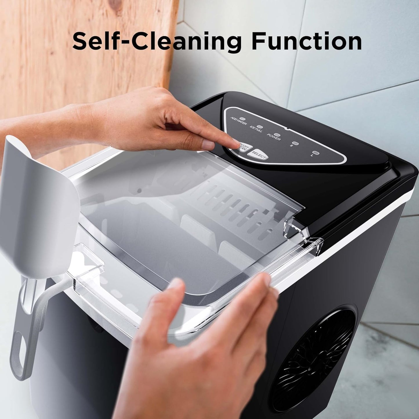 Silonn Ice Maker Countertop, 9 Cubes Ready in 6 Mins, 26lbs in 24Hrs, Self-Cleaning Ice Machine with Ice Scoop and Basket, 2 Sizes of Bullet Ice for Home Kitchen Office Bar Party