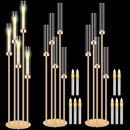 Tandefio 2 Sets Acrylic Candelabra Centerpieces 42.5" Tall Clear Candle Holders Pillar Taper Candlestick with Lampshades 5 Arm Floor Candelabra Stand for Wedding Christmas Ceremony Dinner Party