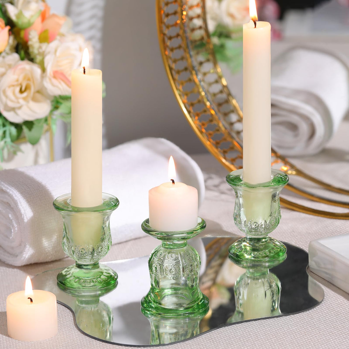 sunnyfuture 10pcs Green Candlestick Holders, Glass Taper Candle Holders for Table Centerpiece Decor, Wedding, Birthday, Gift