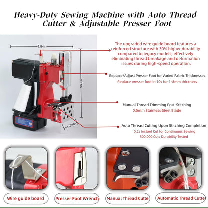 Cordless Bag Sewing Machine |PortableIndustrial Bag Closer |2-Second Fast Sealingfor Woven PP/Canvas/Jute Bags |Factory &Farm Bag Stitcher (Red, Lithium Battery-36VDC)