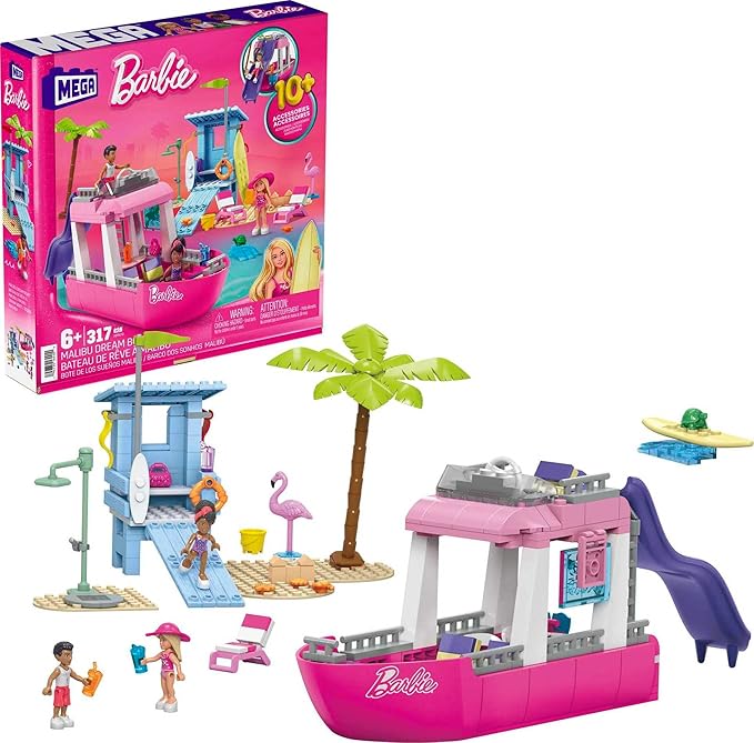 MEGA Barbie Kids Building Toy Set Malibu Dream Boat with 317 Pieces 2 Micro-Dolls and Accessories Pink Ages 6+ Years