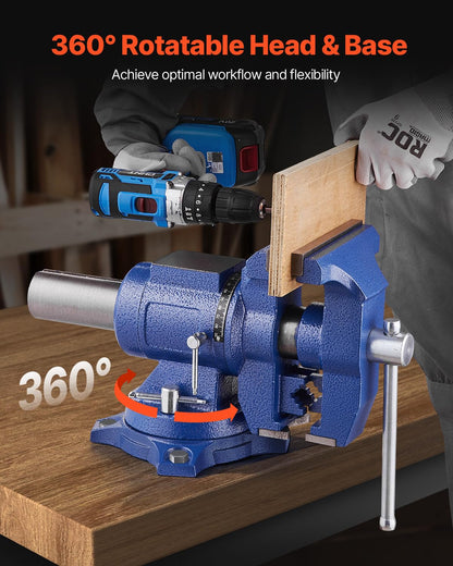 VEVOR Heavy Duty Bench Vise, 6.5 Inch Jaw Width, 5 Inch Max Opening, Multi-Purpose Ductile Iron, Anvil, 360° Swivel Base, 5620 Lbs Clamp Force