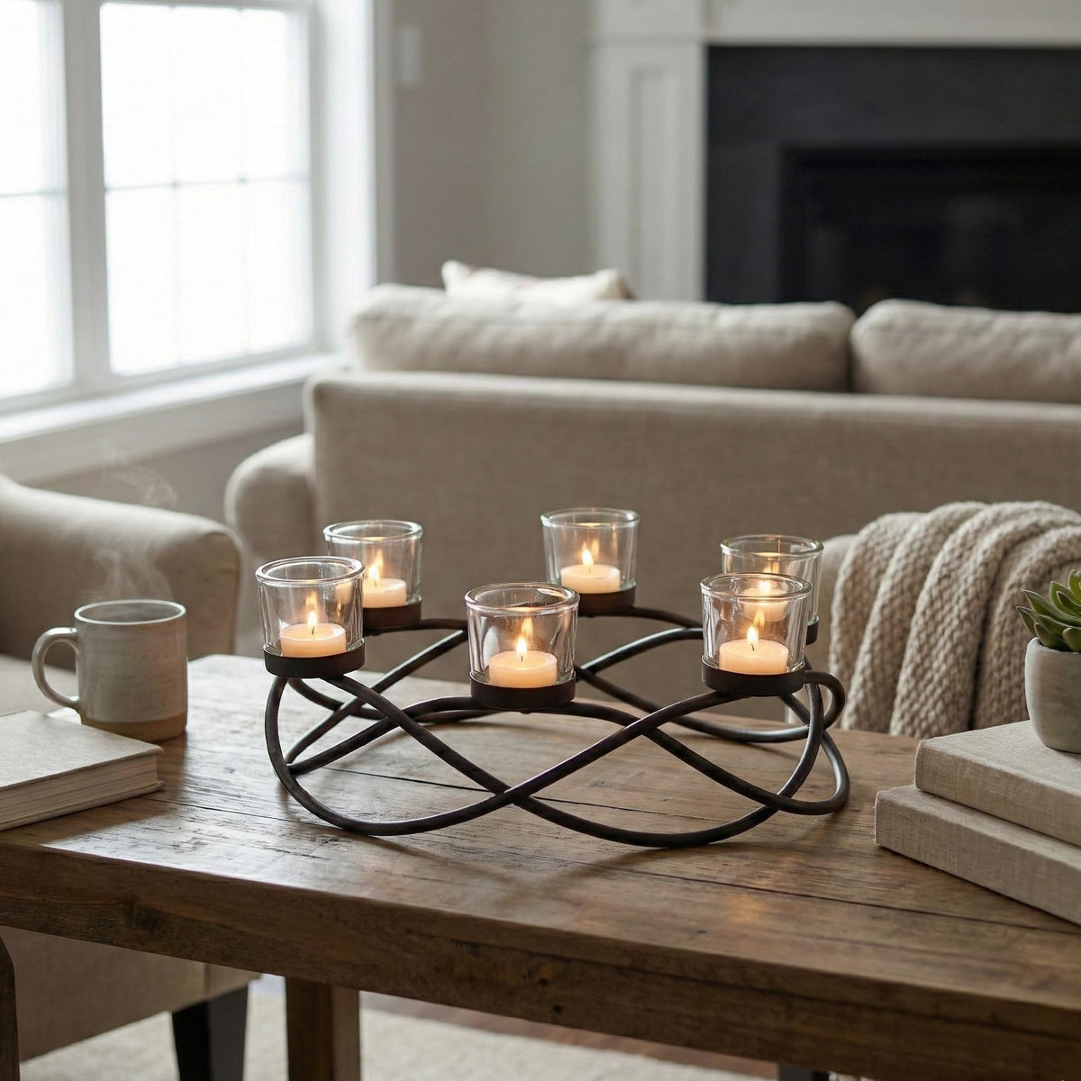 Seraphic Centerpieces for Table Decorations - Oval Candle Holders for Outdoor Patio, Dining, Kitchen, Coffee & Wedding Table Decor, Black Iron Candelabra, 6 Thick Clear Glass Tealight Cups