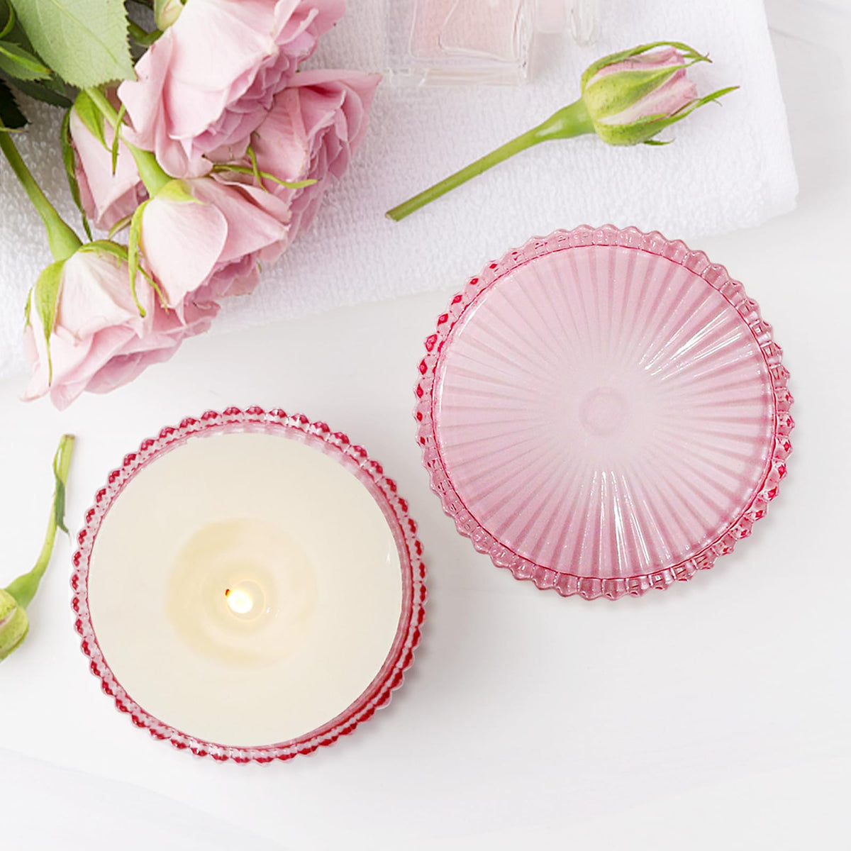 CHOCSTAY Glass Pillar Candle Holder, 4" Pink Candle Plates Set of 3, Glass Candle Holders for Wedding, Party, Holiday, Home Decor, Table Centerpiece