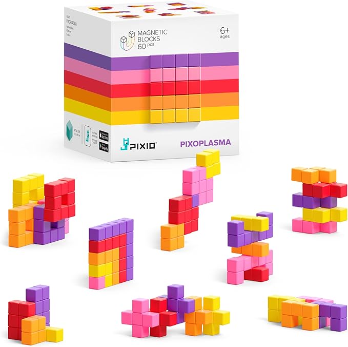 PIXIO Mini Magnetic Blocks Building Toy in The Pixel Art Style with Free App - 5/16 Plastic Cubes with Magnets Inside - Open Ended Toy - Creativity Toy for Ages 6+ PIXOPLASMA - 60pcs